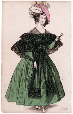 1836 [green dress, pink hat, fan in hand]